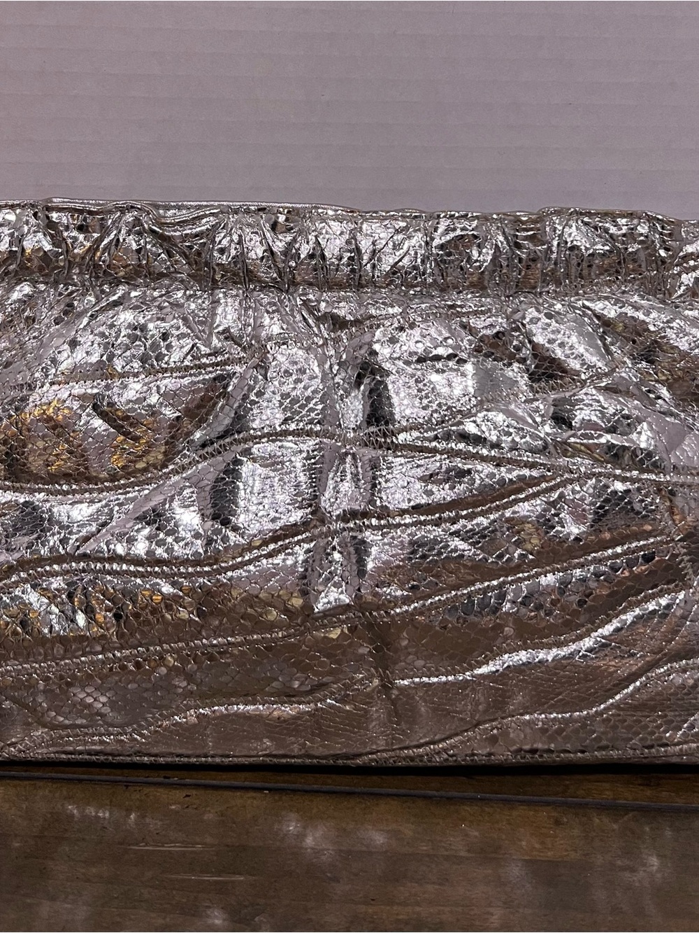 Vintage 1990s Elegance Spain Silver Metallic Clutch Ruched Evening Bag Purse